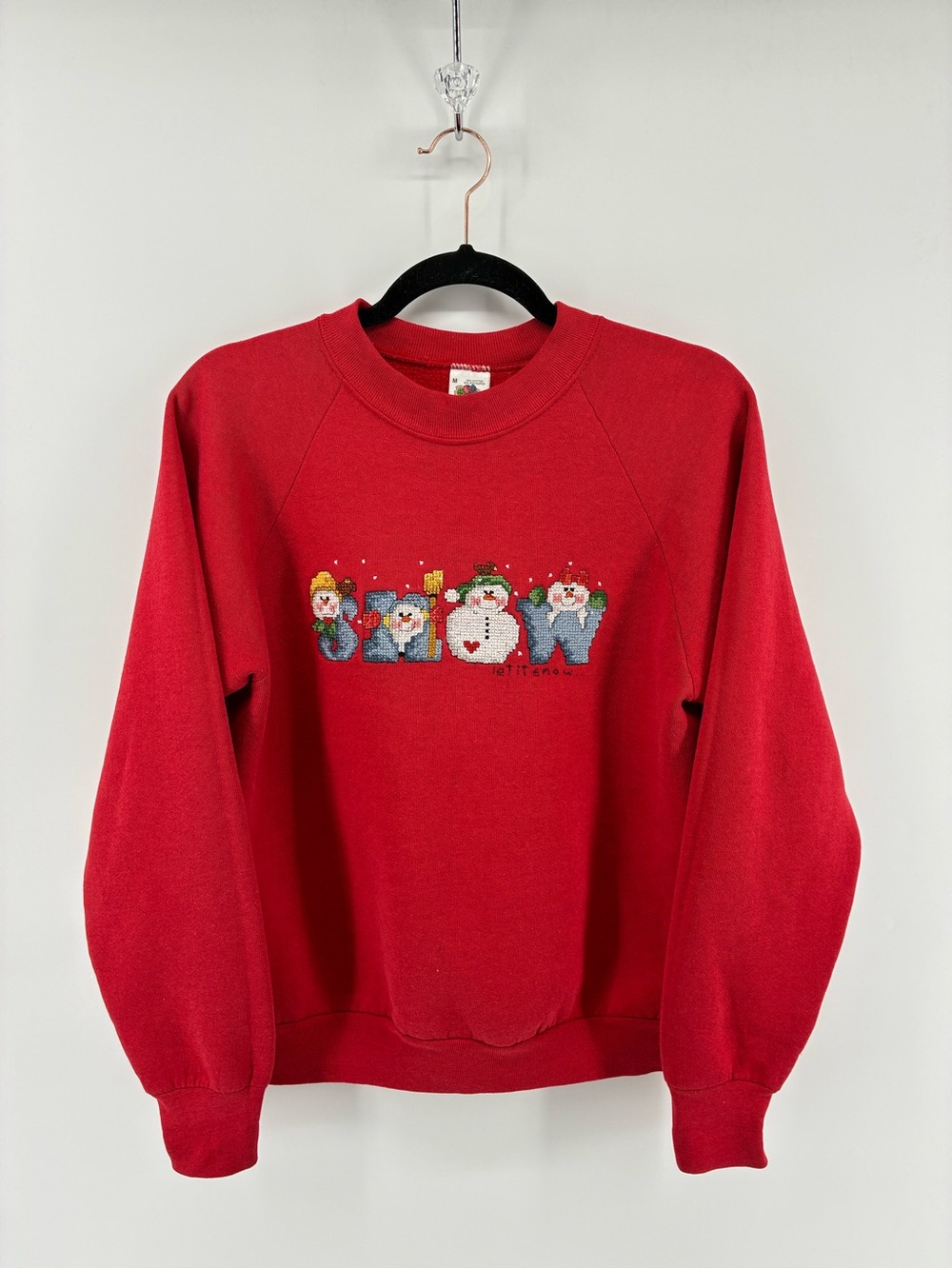 Vintage Needlepoint Let it Snow Red Embroidered Snowman Holiday Sweatshirt